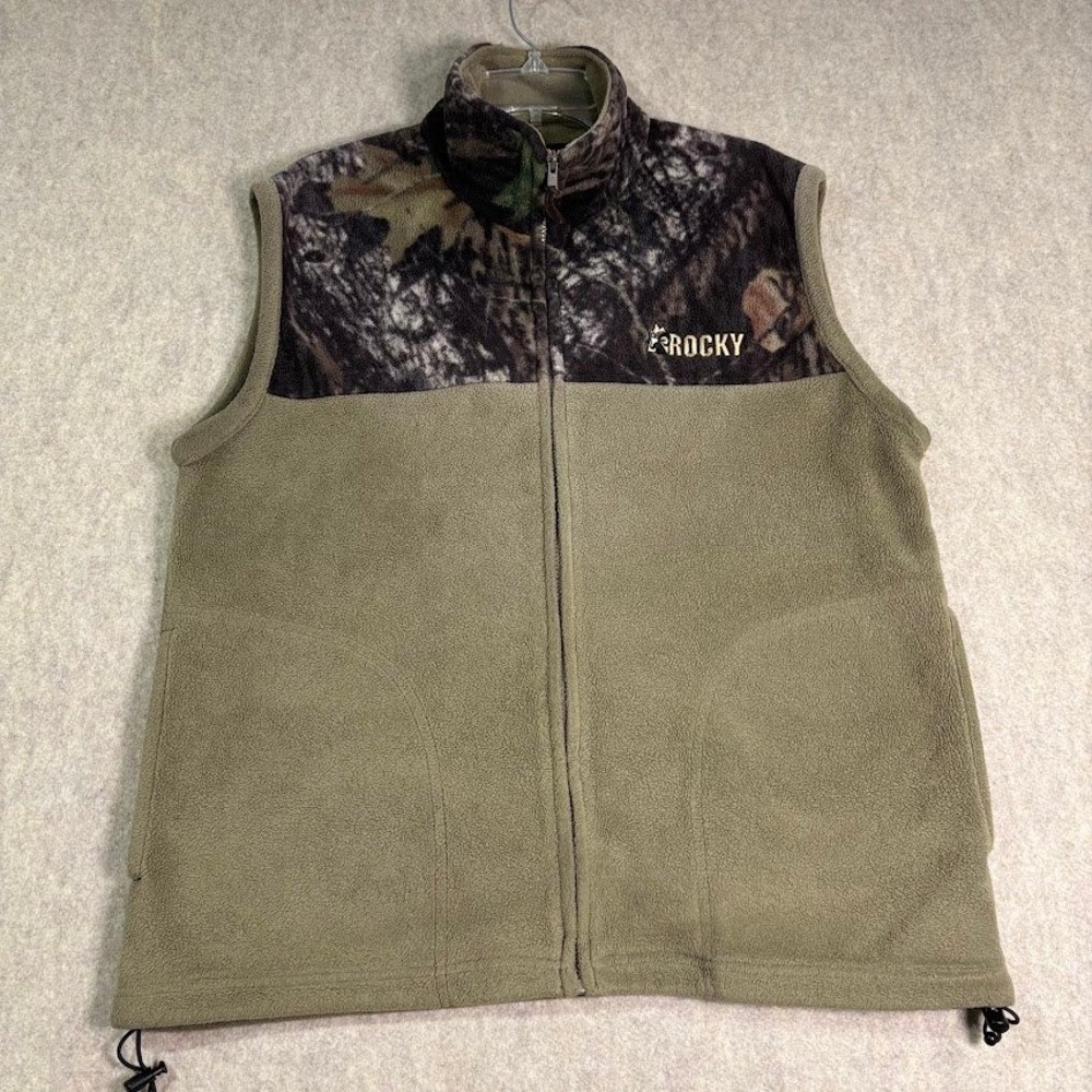 Rocky Fleece Vest Mens Medium Green Camo Polyester Full Zip Hunting Outdoor Y2K